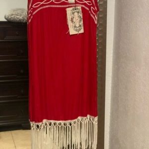 Red fringe dress with white embroidered